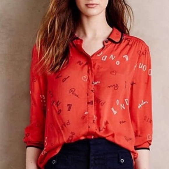 Anthropologie•Maeve•art house travel print button down top size 0 - Picture 3 of 8